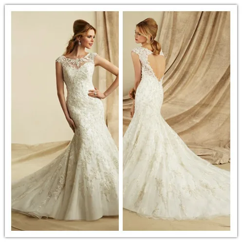 Hot Sale Bateau Neck Cap Sleeves Open Back Rhinestone Ivory Lace Mermaid Wedding Dresses Bridal Gowns | Свадьбы и торжества