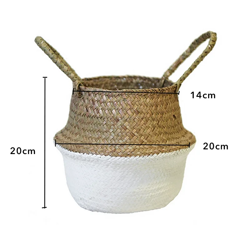 Garden Plant Flower Pot Handmade Rattan Storage Basket Foldable Seagrass Straw Hanging Woven Handle Toy Storage Container 1Pc