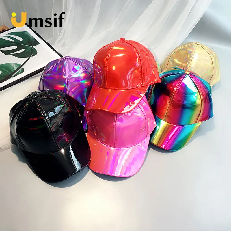 

2019 New Men Women Colorful Patent Leather Baseball Caps Female Male Laser Hip Hop Adjustable Hat Trucker Caps Snapback Hats