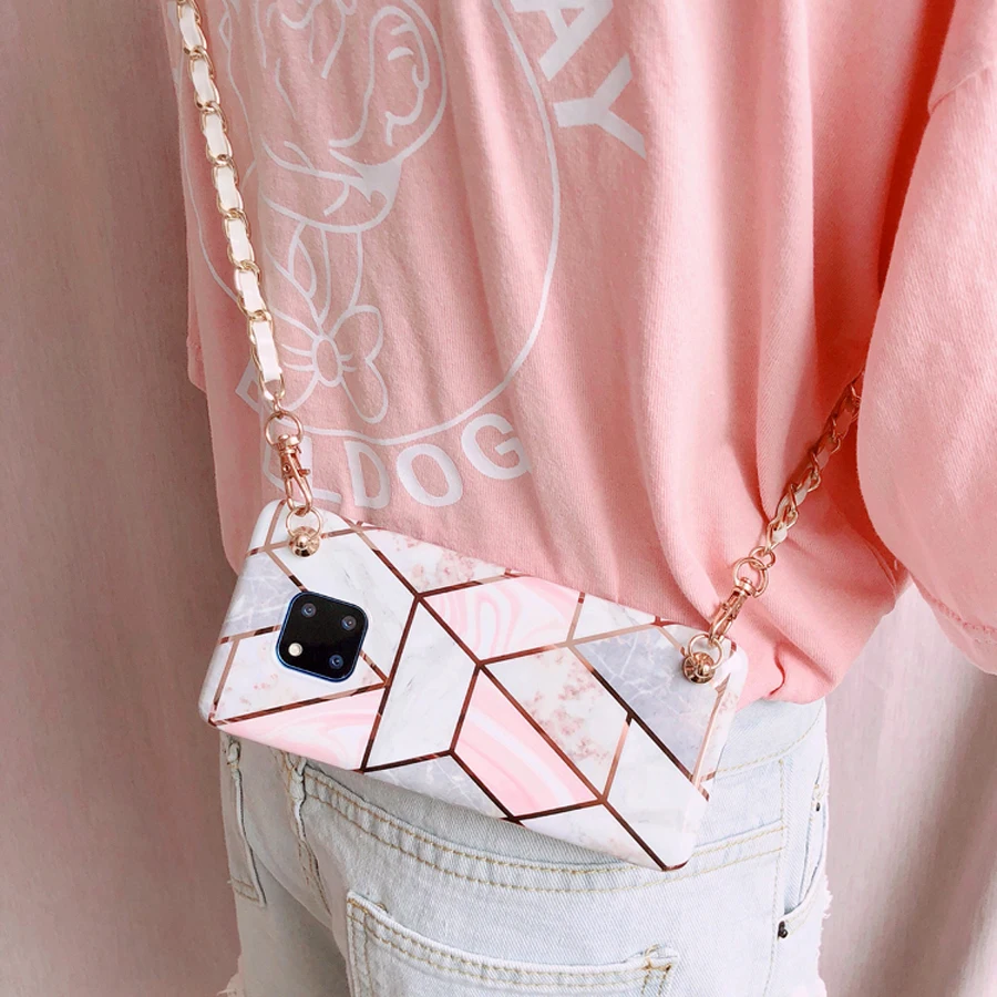 

marble chain strap tpu case for huawei mate 20 pro lite P30 P20 pro lite case cover plating lattice shoulder soft silicon phone
