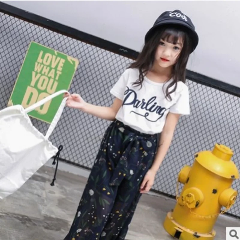 

Children 's Wide Leg Pants Clothing Sets New 2019 Summer Girls 2 Colors Suits 2 piece Kids Leisure Clothes Sets Size4-14 ly302