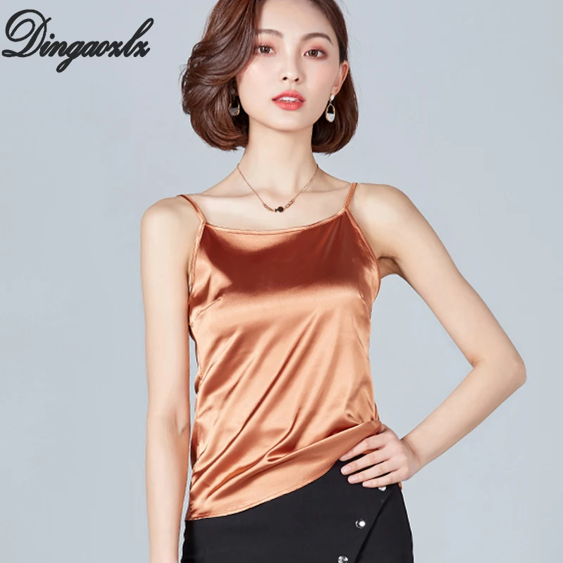 

Dingaozlz Solid color Silk Camis Tops New fashion Loose Bottom Girl Vest shirt roupas feminina Sexy Women shirt Blusa