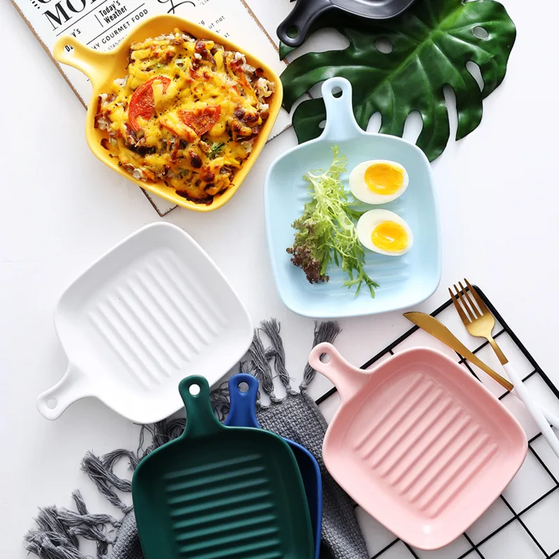 

Small Square Colorful Ceramic Cheese Risotto Baking Plate Nordic Breakfast Plate with The Handle Thickening Decorative Trays
