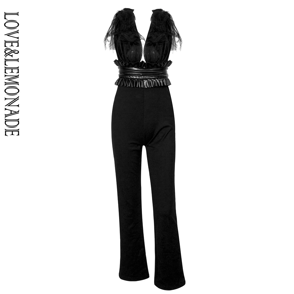 Женский комбинезон на бретельках LOVE & LEMONADE черный сетчатый с v образным вырезом и