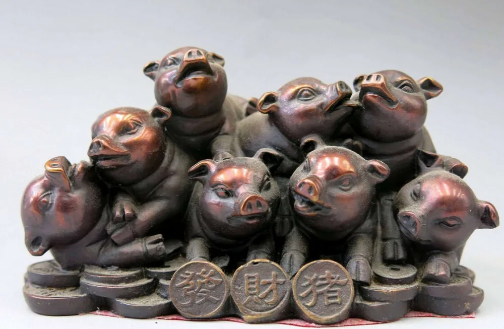 

bi002715 The town house feng shui lucky red bronze Eight Make a fortune Pigs Statue