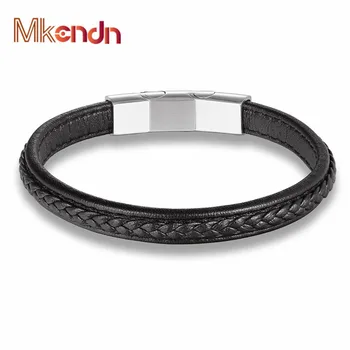 

MKENDN 2017 Fashion Stainless Steel Chain Genuine Leather Bracelet Men Vintage Male Braid Jewelry for women Pulseras