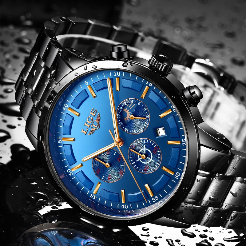 LIGE Men's Waterproof Quartz Watch Full steel Men Watches Dress Business Fashion Casual Sport Moon Phase Black Blue Male Clock