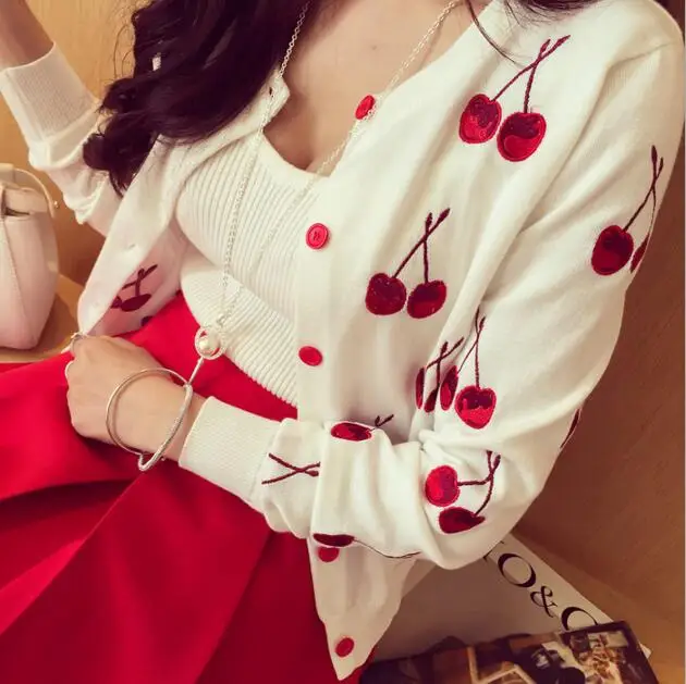 2017 Newest Spring and Autumn Cherry Embroidery Thin Cardigans Jacket Fashion Long Sleeve Knitted Sweater Cardigans Coats