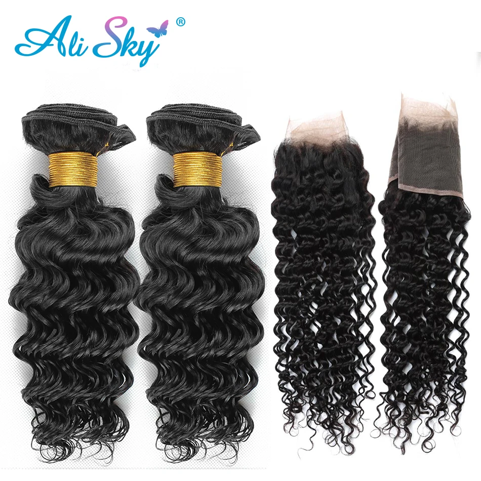 

Ali Sky Brazilian Deep Curly Lace Frontal Closure With Bundles 100% Human Hair Weave 2 Bundles With Frontal Remy Hair Extension