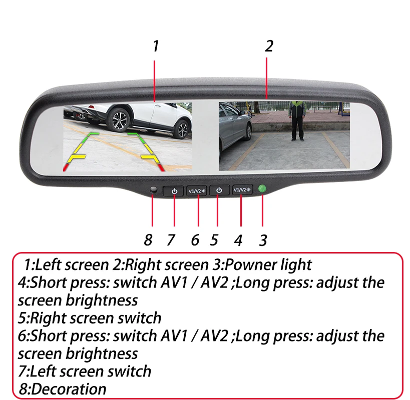 HaiSunny 4CH Video Input Car Interior Rear View Mirror Built in Dual Two 4.3 inch TFT LCD Monitors for any car