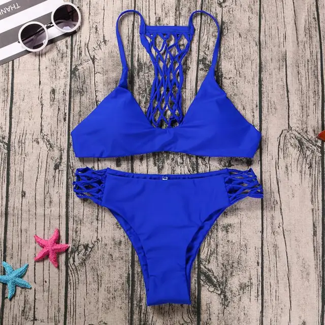 2018 Summer Sexy Women Bikini Set blue Drawstring Strap Hollow Chest ...