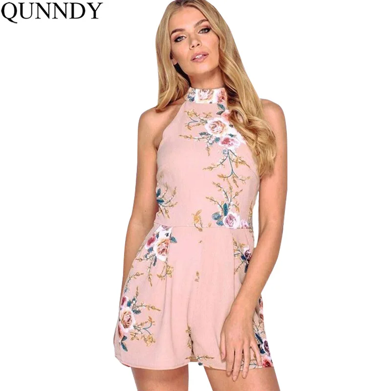 Qunndy Summer Floral Printed Party Playsuit Halter Sleeveless Backless ...