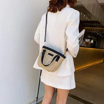 

Women's Bag Summer Straw Weave Handbag Crossbody Contrast Bucket carteras mujer de hombro y bolsos torebka damska shopper