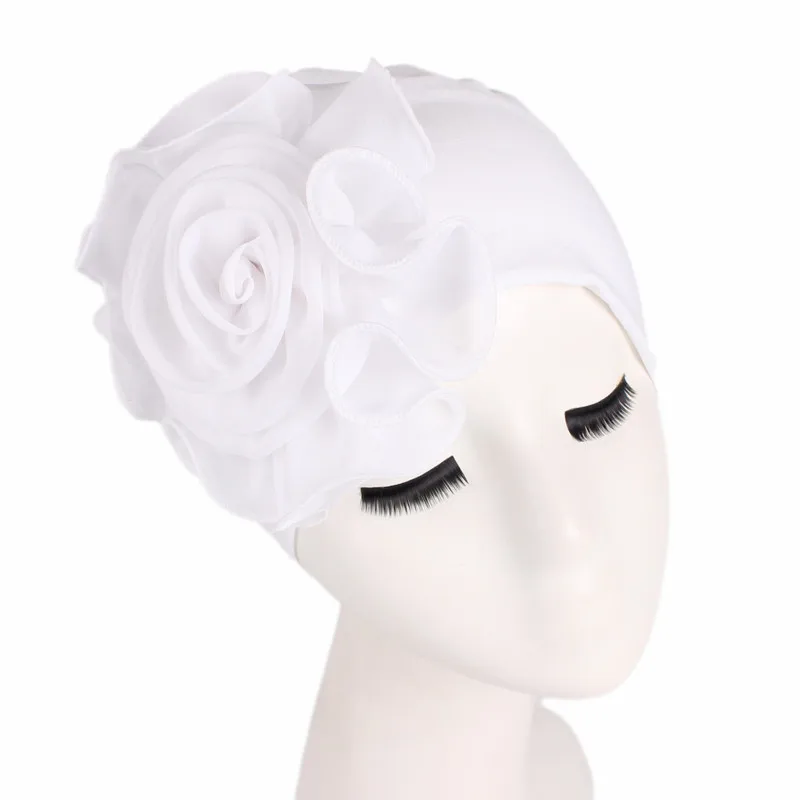 Женская эластичная шапочка с большим цветком, кепка для волос, женские банданы, Африканский тюрбан, головной убор для свадебной вечеринки - Цвет: white