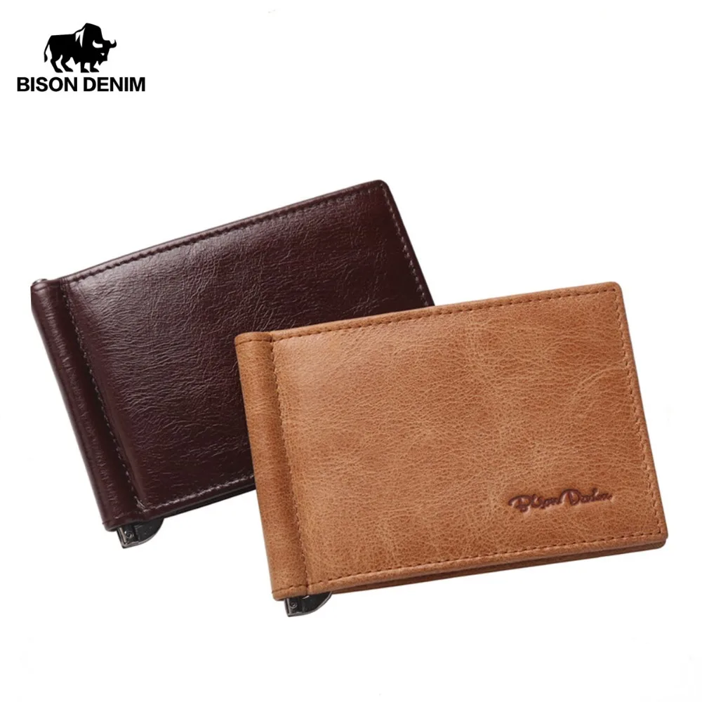

BISON DENIM Genuine Leather Mini wallet Men Zipper Coin Pocket Dollar money clip brown yellow vintage wallets W9330