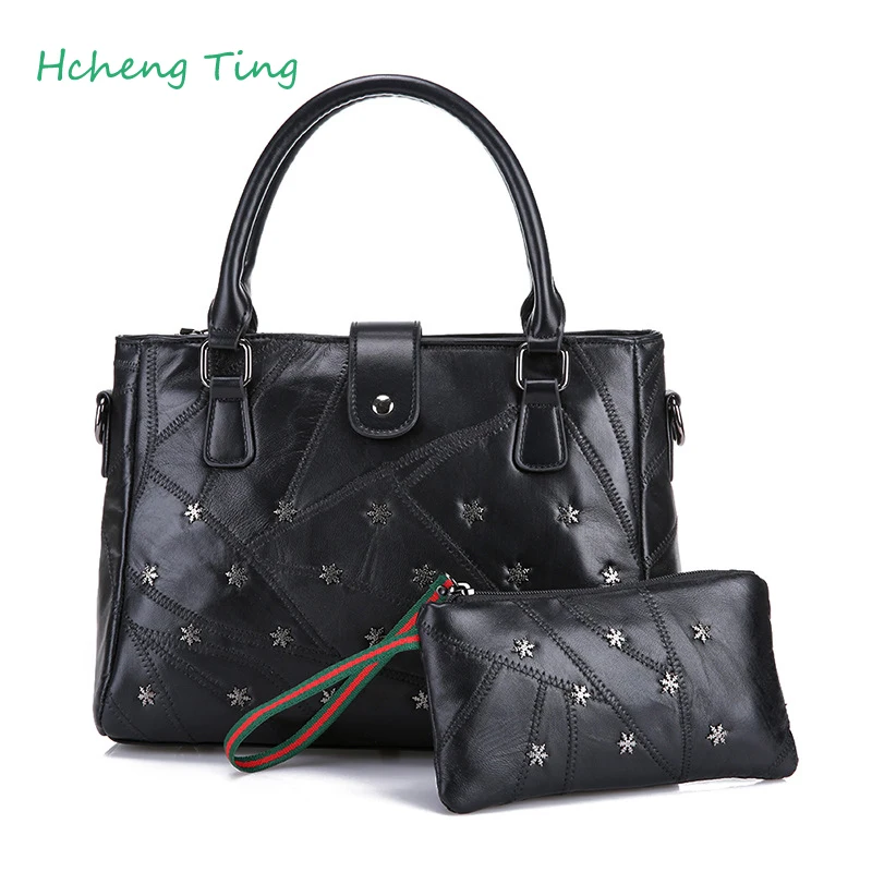 Women Handbag Genuine Leather Shoulder Bag Sheepskin Ladies Black Casual Shopping Bag Large Capacity Tote Bolsos