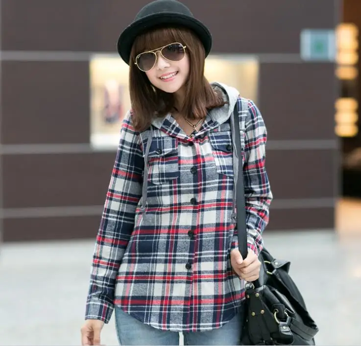 

Hot Sale Fashion Women Full Sleeve Plaid Pockets Casual Lapel Button Down Blouse Long Sleeve Shirt Plus Size with hooded red