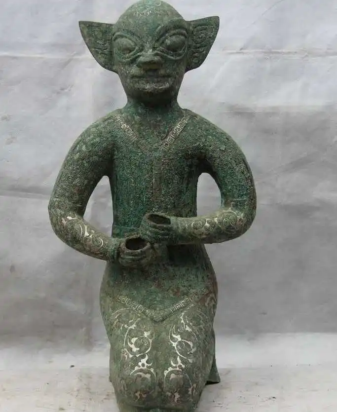 

19 China Dynasty Old Bronze Silver-Gilt Qin Shi Huang Yong people servant Statue