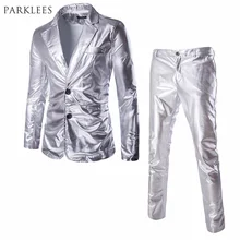 Куртка+ брюки металлический костюм Для мужчин новинка весны года блестящее платье костюмы Повседневное зауженный крой, для вечеринки Свадебные танцевальный костюм костюмы Для мужчин