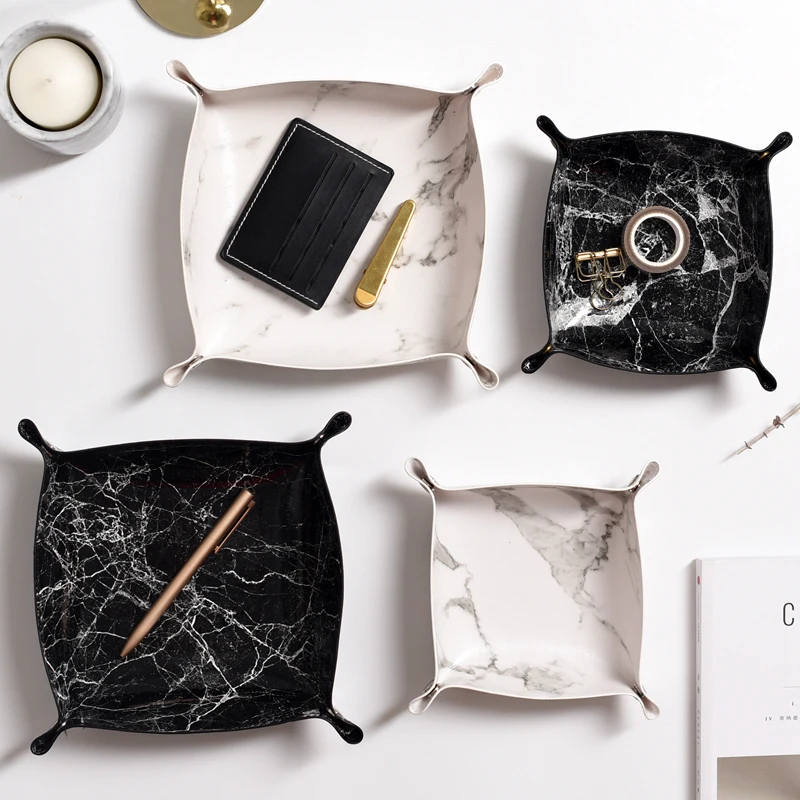 

Nordic Style Leather Desktop Storage Tray Marble Texture Sundries Key Jewelry Box Cosmetic Storage Box