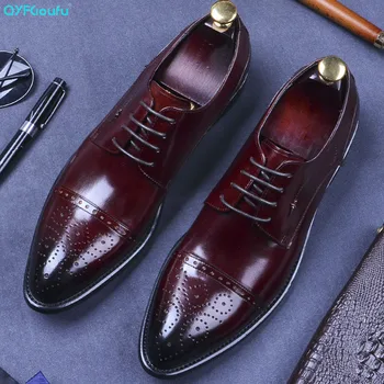 

QYFCIOUFU Lace Up Designer Black Brown Brogue Shoes Genuine Leather Lace Up Men Formal Dress Oxfords Party Office Wedding Shoe