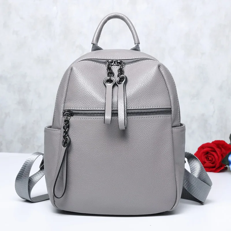 Дизайнерский женский рюкзак с цепочкой, натуральная кожа, женский рюкзак, Ретро стиль, опрятный, для колледжа, для девушек, школьная сумка, рюкзак, Mochila - Цвет: Серый