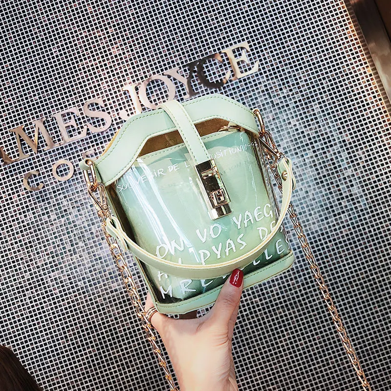 

small bag on female han edition transparent jelly single shoulder bag 2019 new fashionable joker worn chain bucket bag
