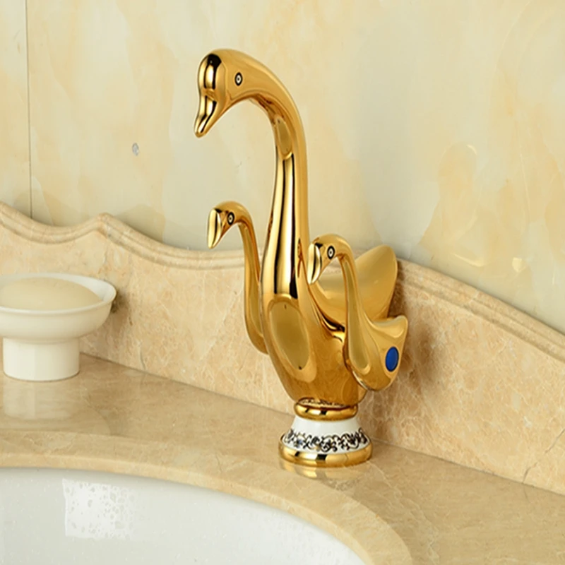 

Swan Dual Handles Vanity Sink Mixer Tap Golden Finish Bathroom Basin Faucet Style Mixer Tap Wholesale And Retail Polished