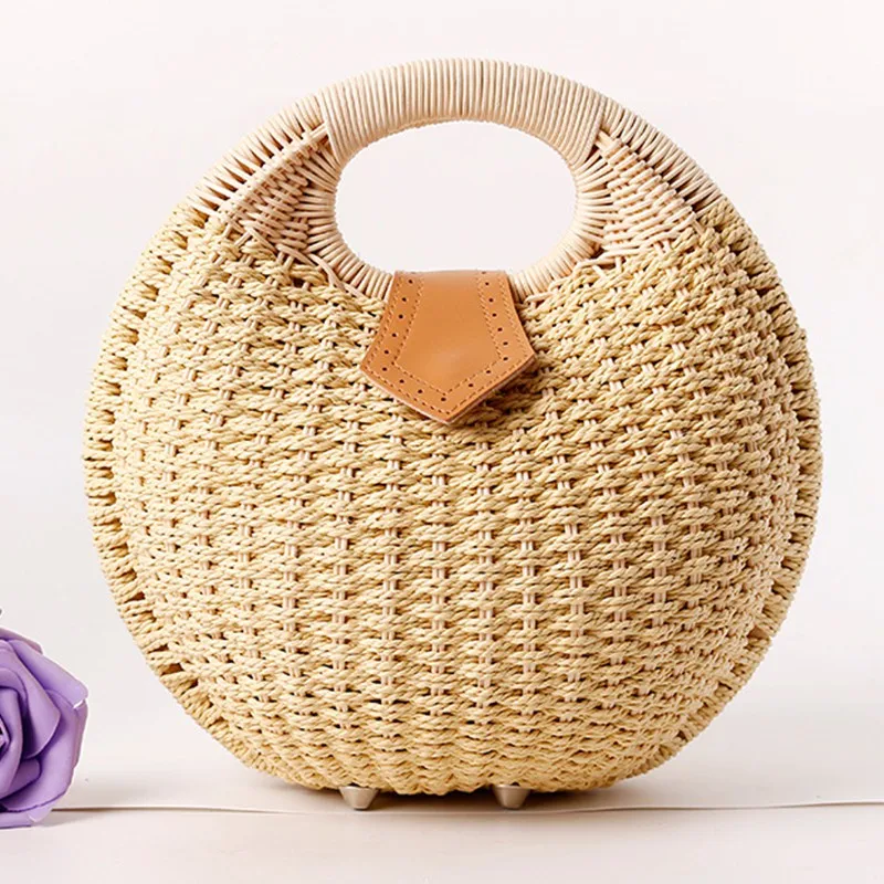 Женская сумка для покупок с соломенной ручная работа круглая форма сплошной цвет полые лаконичные пляжные сумки