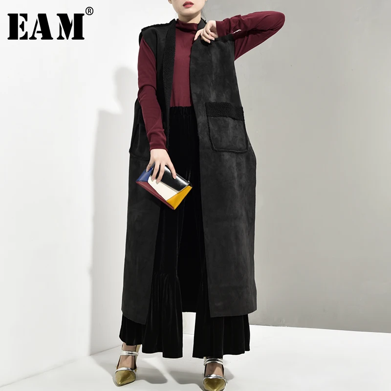 

[EAM] 2019 New Spring Autumn V-collar Sleeveless Imitation Lamb Hair Split Joint Loose Long Thick Vest Women Fashion Tide JY784