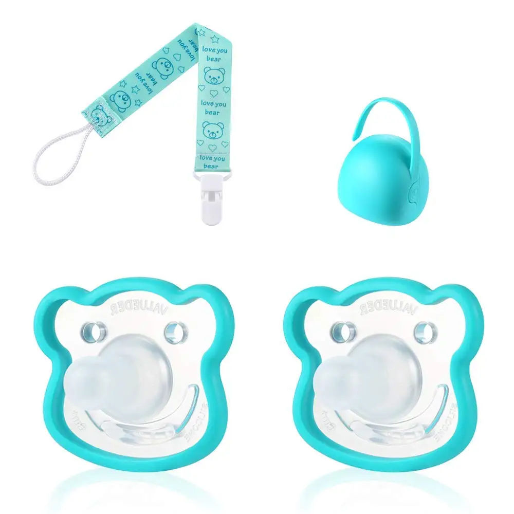

VALUEDER 2PCS Soft Silicone Baby Pacifier with Portable Box & Chain Set Baby Soother with Pacifier Clip and Plastic Storage Case