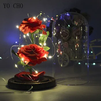 

YO CHO 2019 Beautiful Valentine's Day Xmas Gift Preserved Flowers in Glass Dome Silk Roses Flower Birthday Gift Home Party Decor