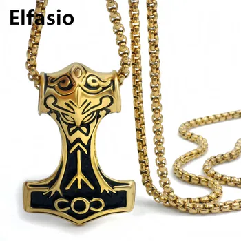 

Mens Boys Silver Gold Myth Thor's Hammer Norse Magick Mjolnir Pendant Necklace with Stainless steel Chain P293