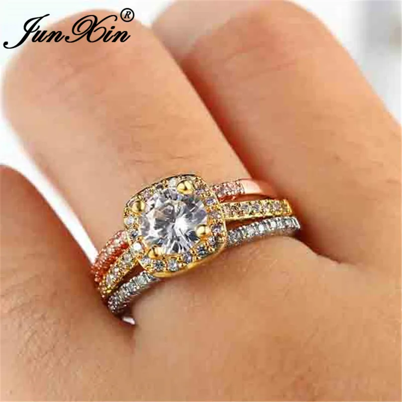 JUNXIN 80% OFF! Bridal Set Female White Crystal Engagement Ring Sets For Women 925 Silver Rose Gold Filled Square Zircon Jewelry
