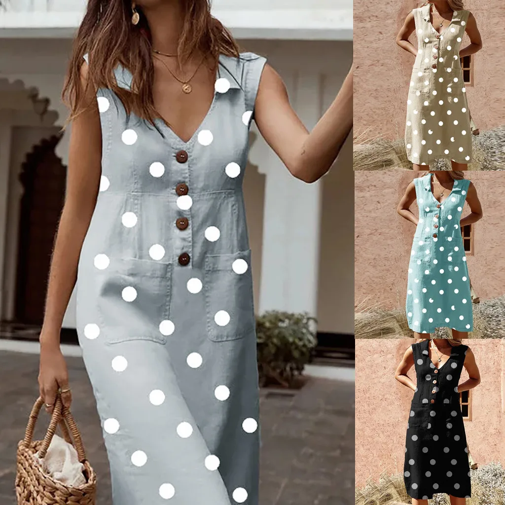 

Women's Elegant Dot Print Boho Dress Turn-down V-neck Dress Button Pocket Dress