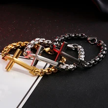 Золотой, черный, нержавеющая сталь, простой слоистый Штабелируемый браслет с округлой коробкой, звено цепи, мужские, s Крест, религиозные браслеты и браслеты