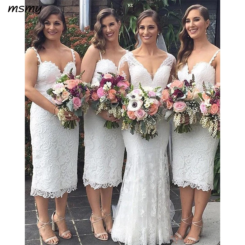 

hort Western Country Garden Weddings Bridesmaid Dresses 2019 Lace Tea Length Spaghetti Straps Mother Dress
