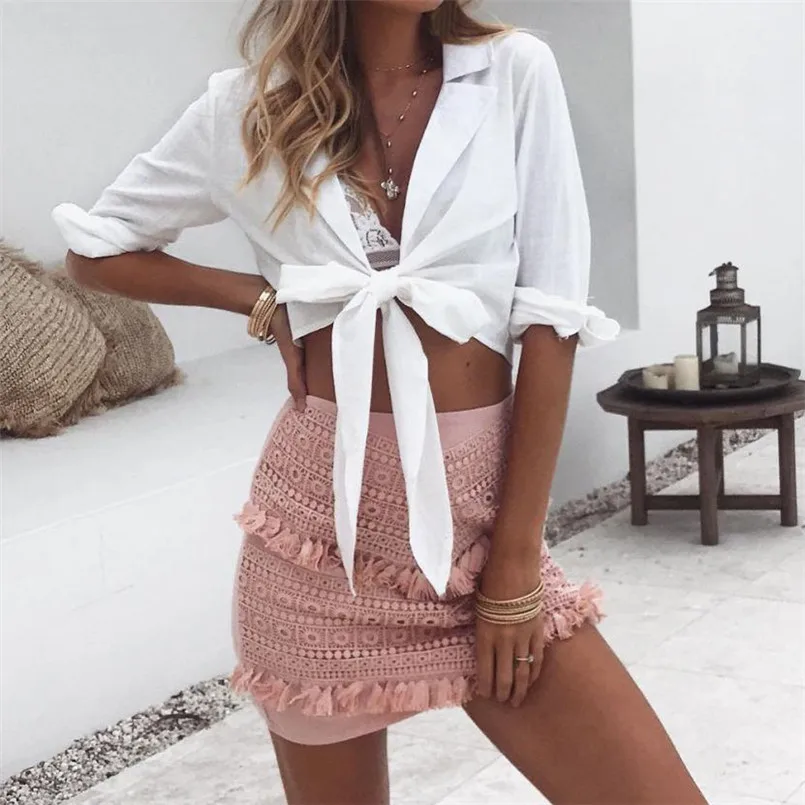 

Womail Fashion T-shirts Women T Shirts 2018 Deep-V Bandage Solid Long Sleeve T-Shirt Turn-down Collar Tops Drop Ship Mar30