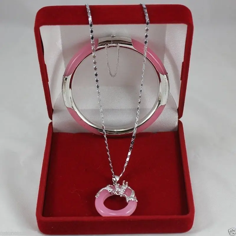

hot sell new - Wonderful pink Jade Circle Dragon Pendants Necklace Bracelet SetAAA 18K GP Plated gold Bridal wide watch wings