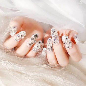 

24Pc Shining Rhinestone Wedding False Nails Lace Glitter Shinning Gems Design Oval Round Head Full Fake Nails with Adhesive Tabs