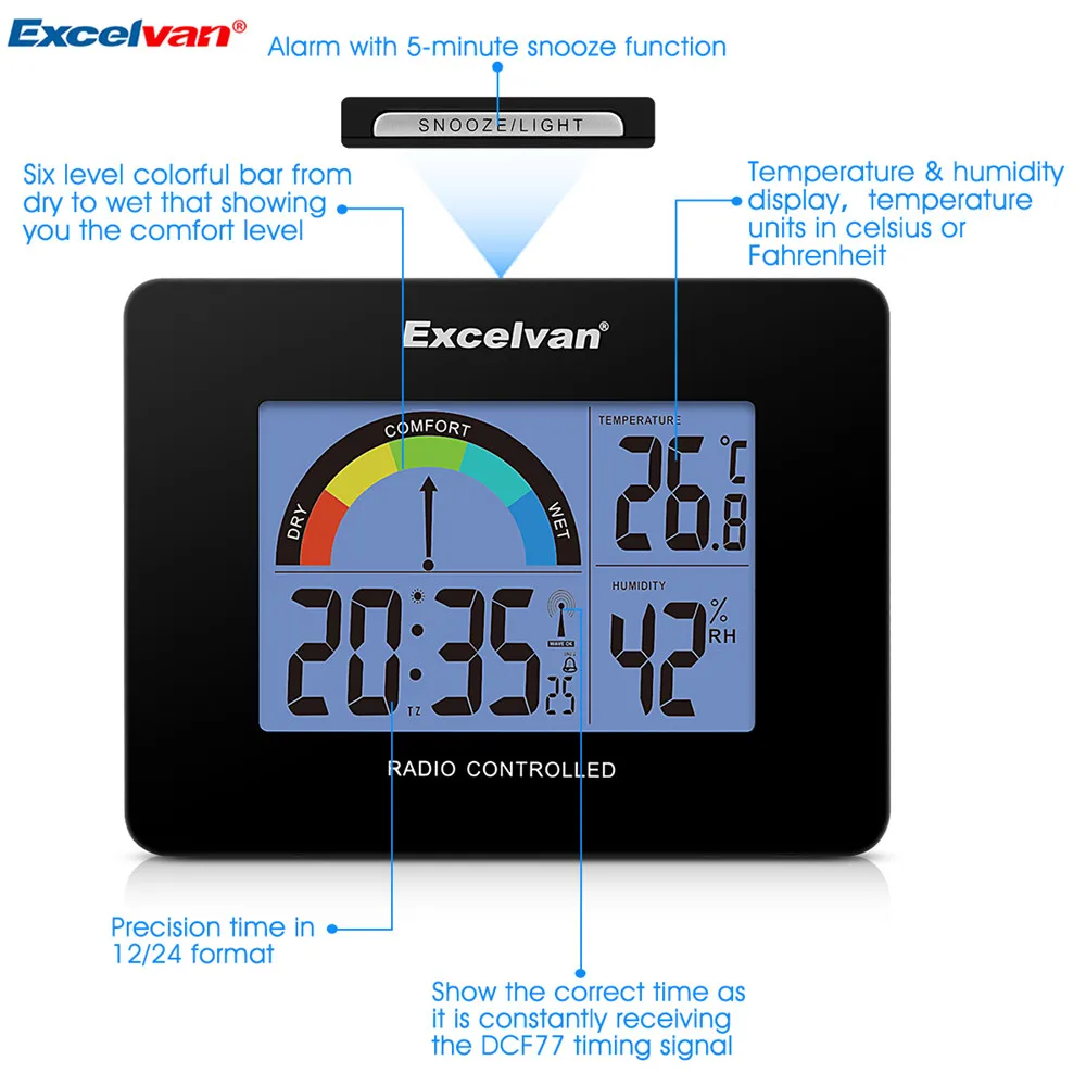 Excelvan Digital Precision Radio Controlled Alarm Clock Thermometer and