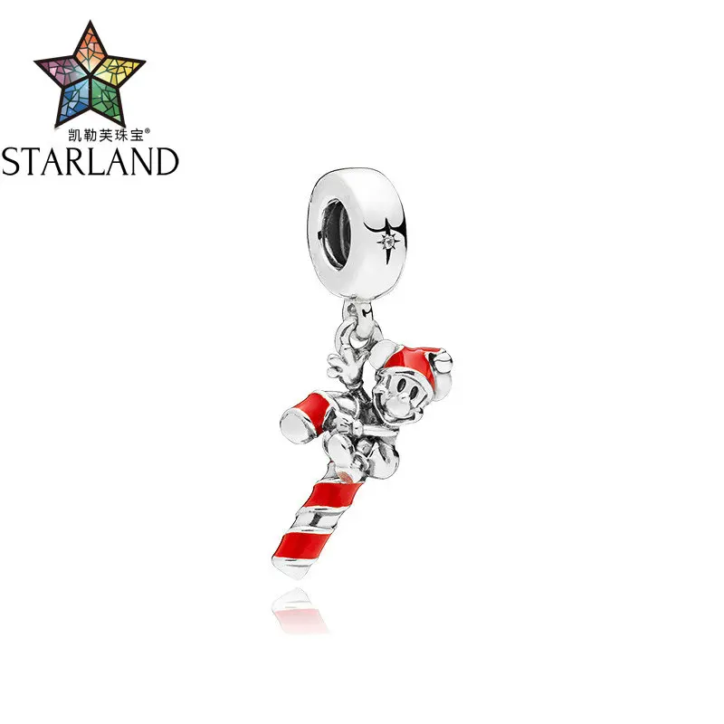 

Starland 100% 925 Sterling Silver Europe hot sell Santa Mickey Candy Cane Dangle Charm, Red Enamel Fit Woman