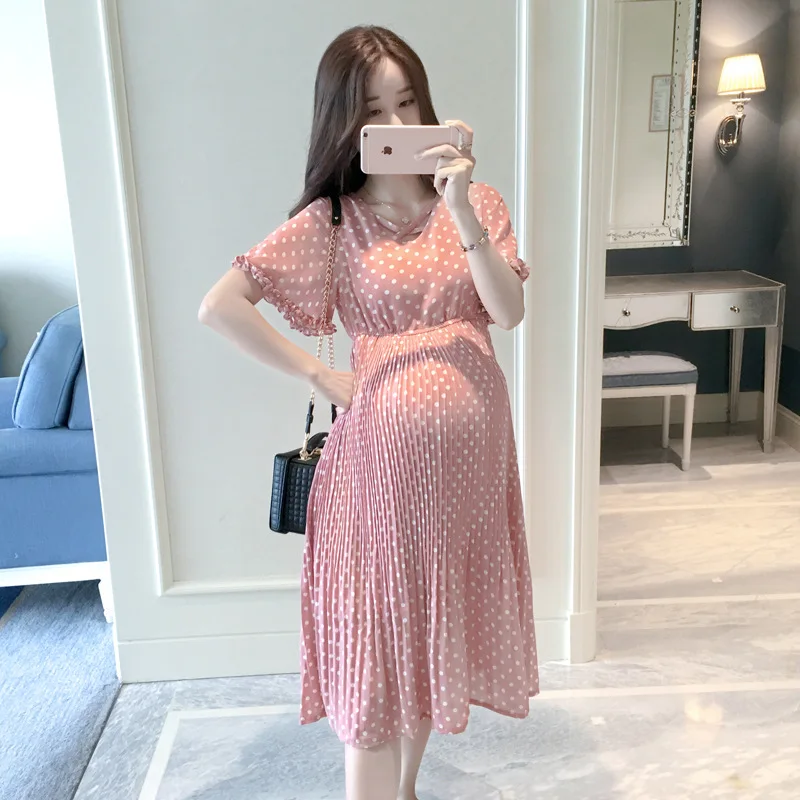 

Elegant Maternity Dress 2019 Summer Dress Pregnancy Clothing V-neck Chiffon Maternity Dot Pleated Dresses for Pregnant Women