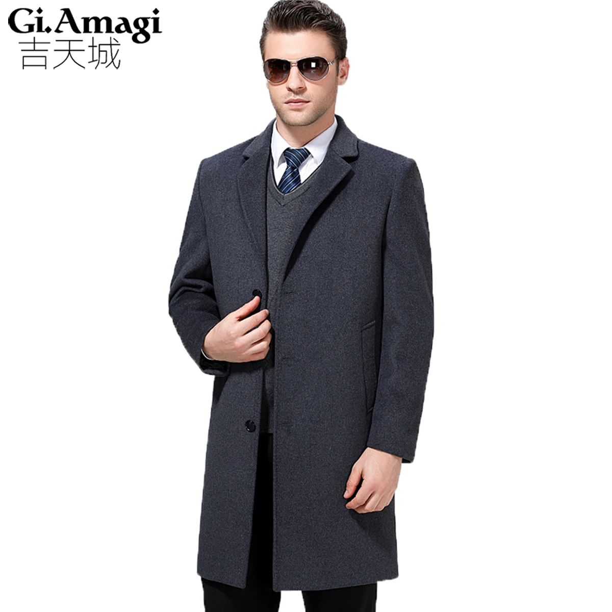 Men's Casual Trench Coat Long New Woolen Coat Long Suit Overcoat Wool ...