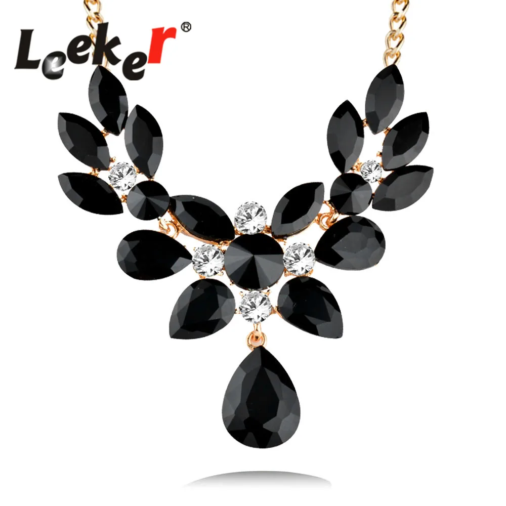 

LEEKER Gorgeous Flower Waterdrop Rhinestone Pendant Statement Necklace Vintage Maxi Jewelry Gold Chain 5 Color 94748 LK10