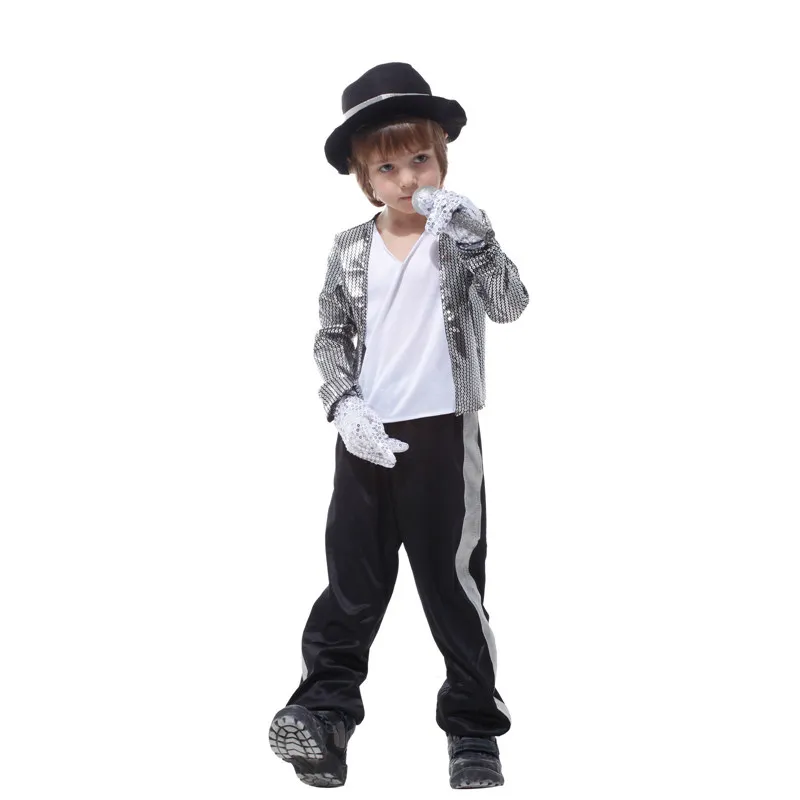 Детский маскарадный костюм Майкла Джексона для мальчиков, детский танцевальный маскарадный костюм на Хэллоуин, джазовый танцевальный маскарадный костюм Билли, джинсовый костюм суперзвезды - Цвет: kids Mike Jackson