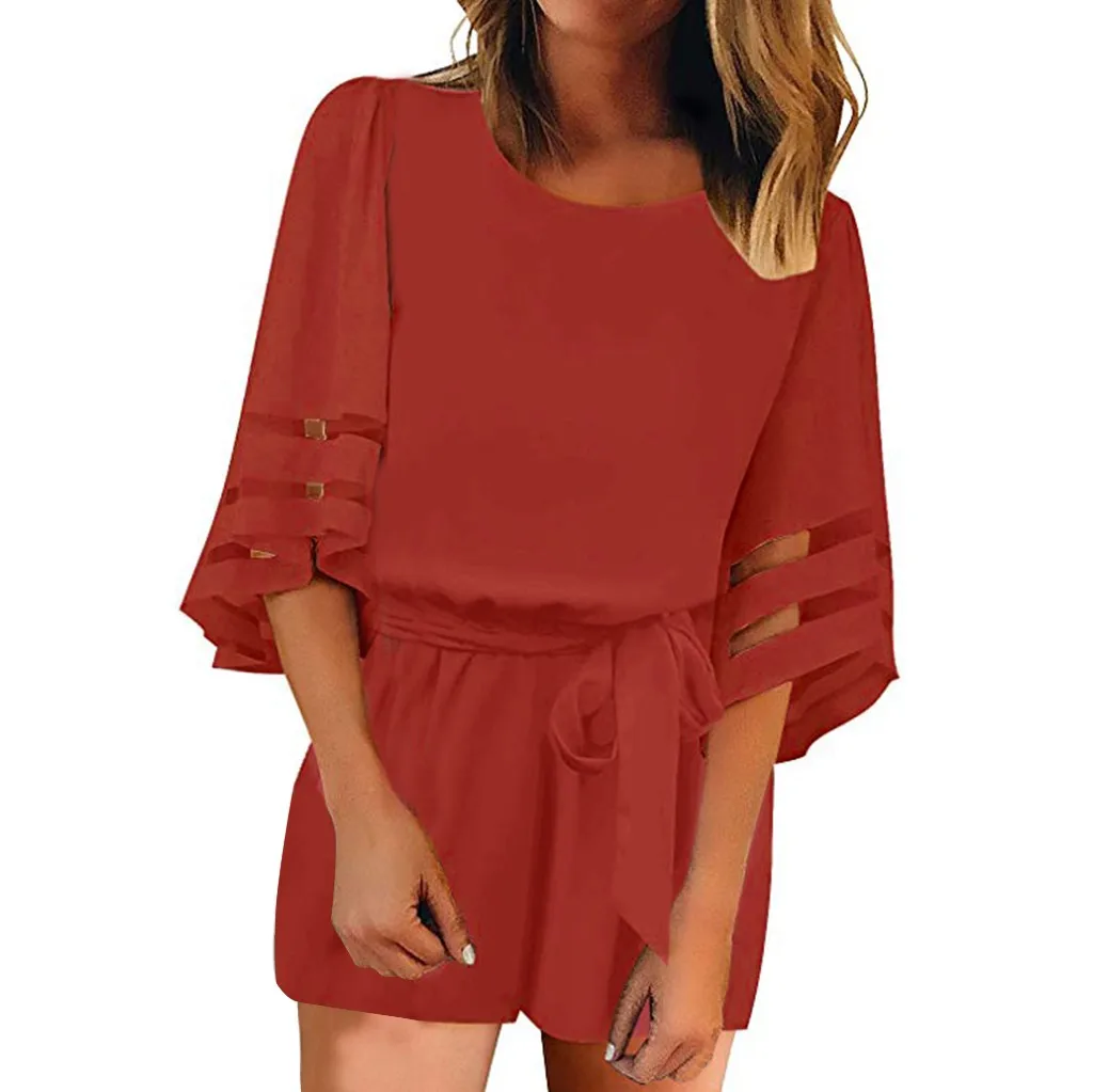 

Women's Mesh Panel Blouse 3/4 Bell Sleeve Self-Tie Belted Short Romper Jumpsuits keep warm but stay cool strap sleeveless YJ