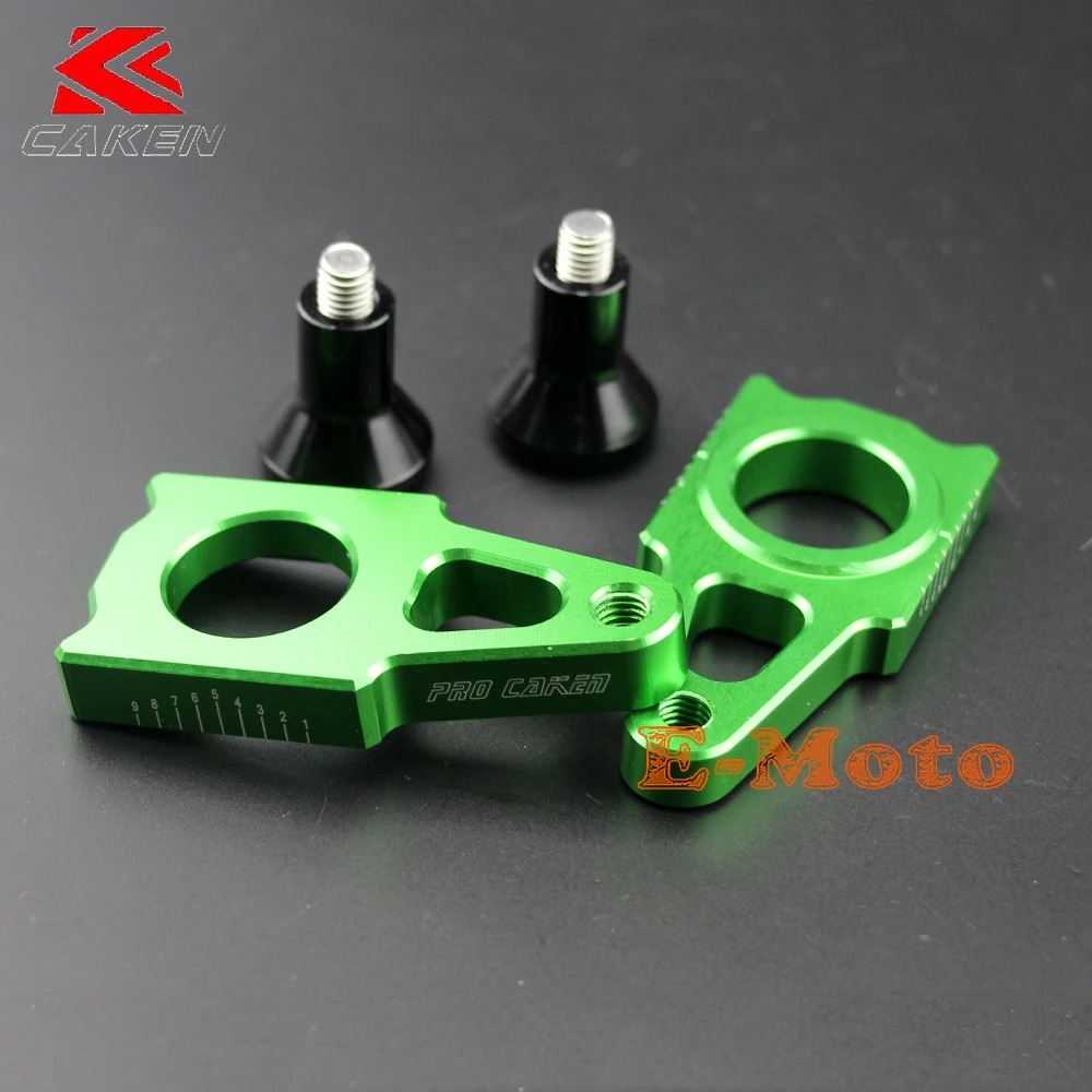 Green CNC Rear Chain Adjuster Axle Blocks With Spool Slider For KX125 KX250 KX250F KX450F KLX450R Enduro E-Moto