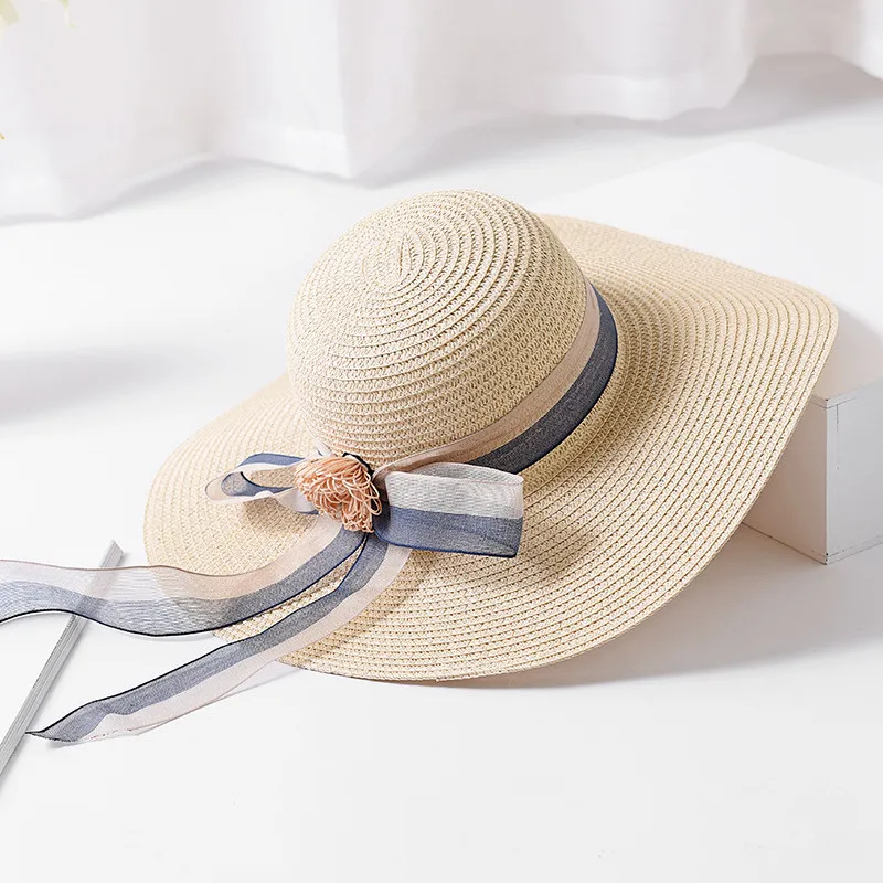 

2009 New Corner Straw Hat Female Lengthened Ribbon Beach Hat Sunshade Sunscreen Sunhat in Summer