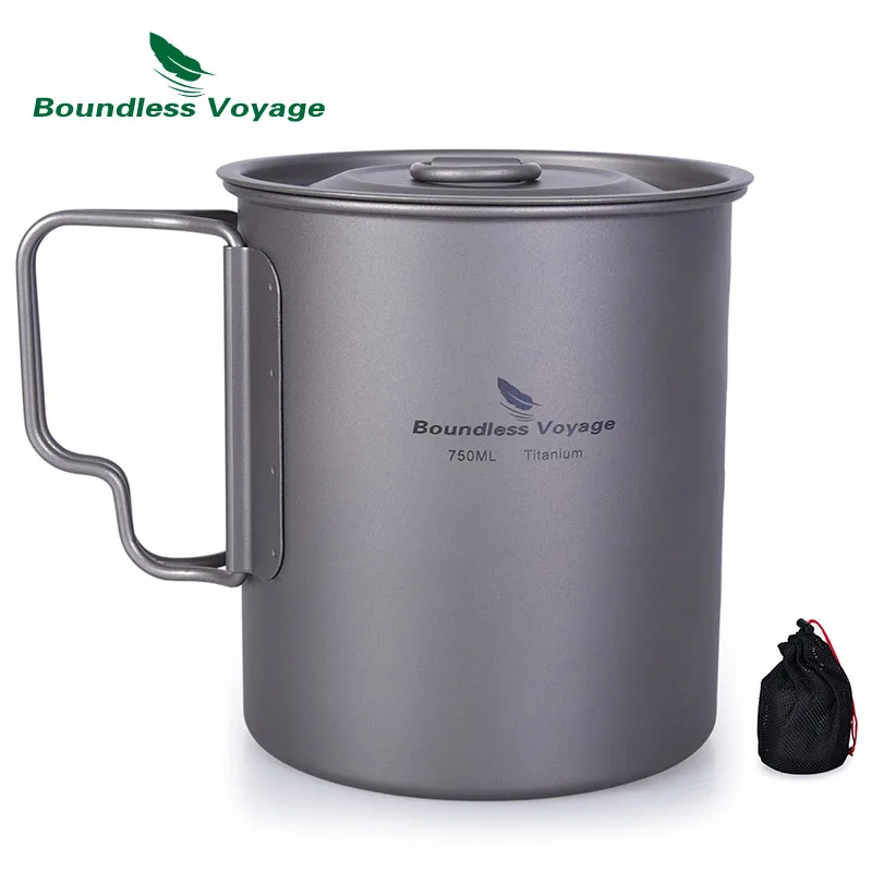 Boundess viaje 750 ml de titanio colgando de la olla con tapa plegable de Camping al aire libre Copa con tenedor Picnic de utensilios de cocina